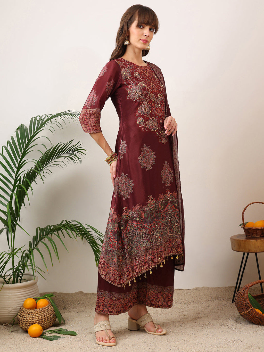 Embroidered & Printed Kurta With Palazzo & Printed Dupatta, Maroon - Hiral Fashion - Distacart