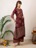 Embroidered & Printed Kurta With Palazzo & Printed Dupatta, Maroon - Hiral Fashion - Distacart