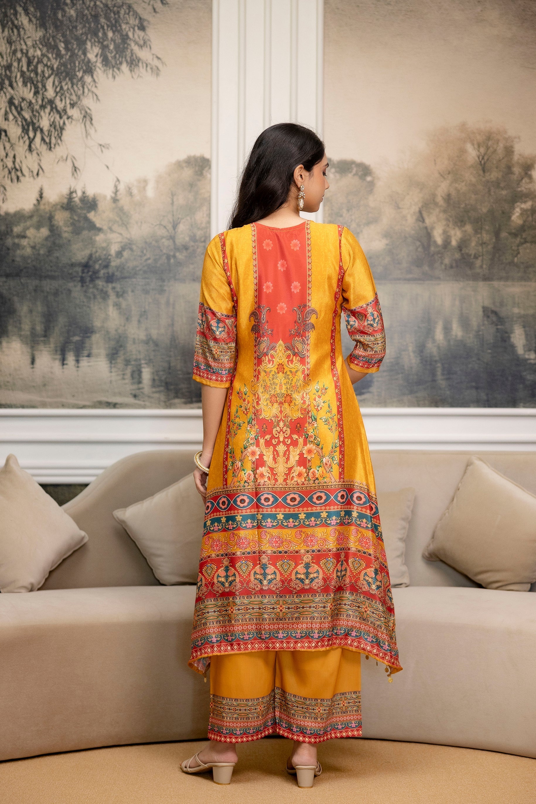 Embroidered & Printed Kurta With Palazzo & Printed Dupatta, Mustard - Hiral Fashion