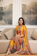 Embroidered & Printed Kurta With Palazzo & Printed Dupatta, Mustard - Hiral Fashion
