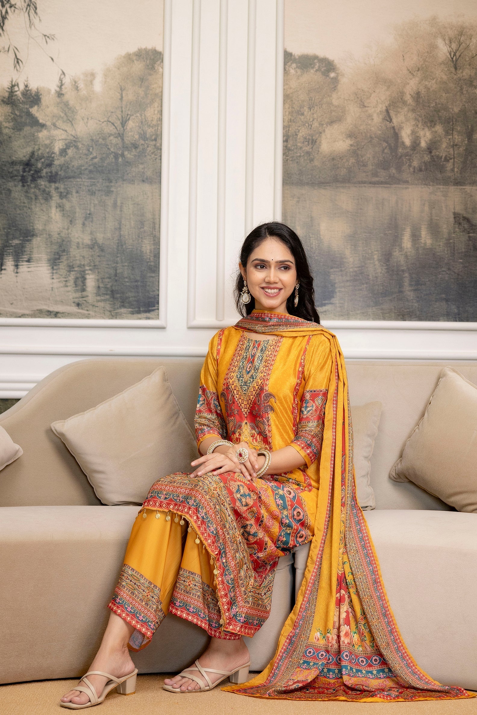 Embroidered & Printed Kurta With Palazzo & Printed Dupatta, Mustard - Hiral Fashion