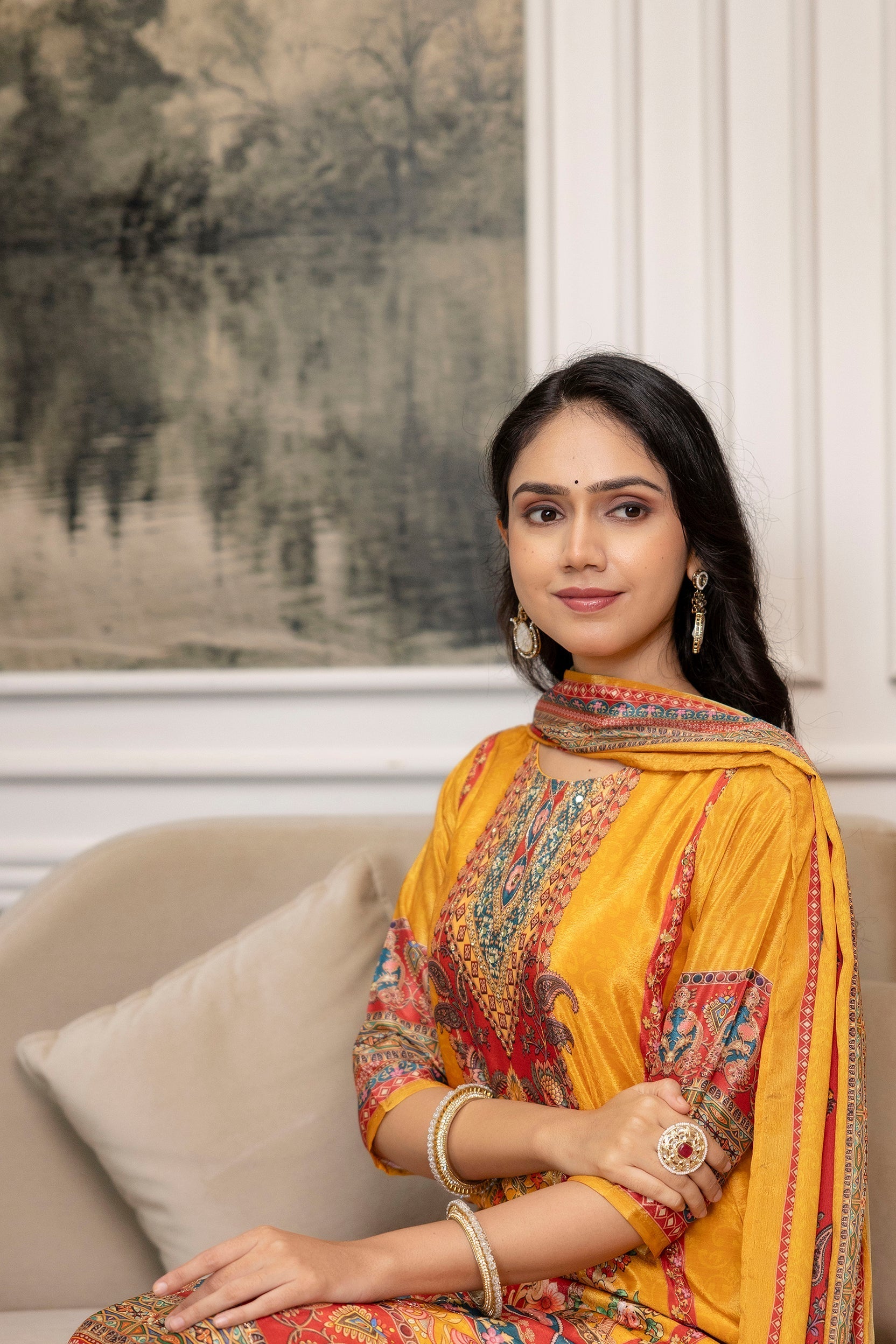 Embroidered & Printed Kurta With Palazzo & Printed Dupatta, Mustard - Hiral Fashion