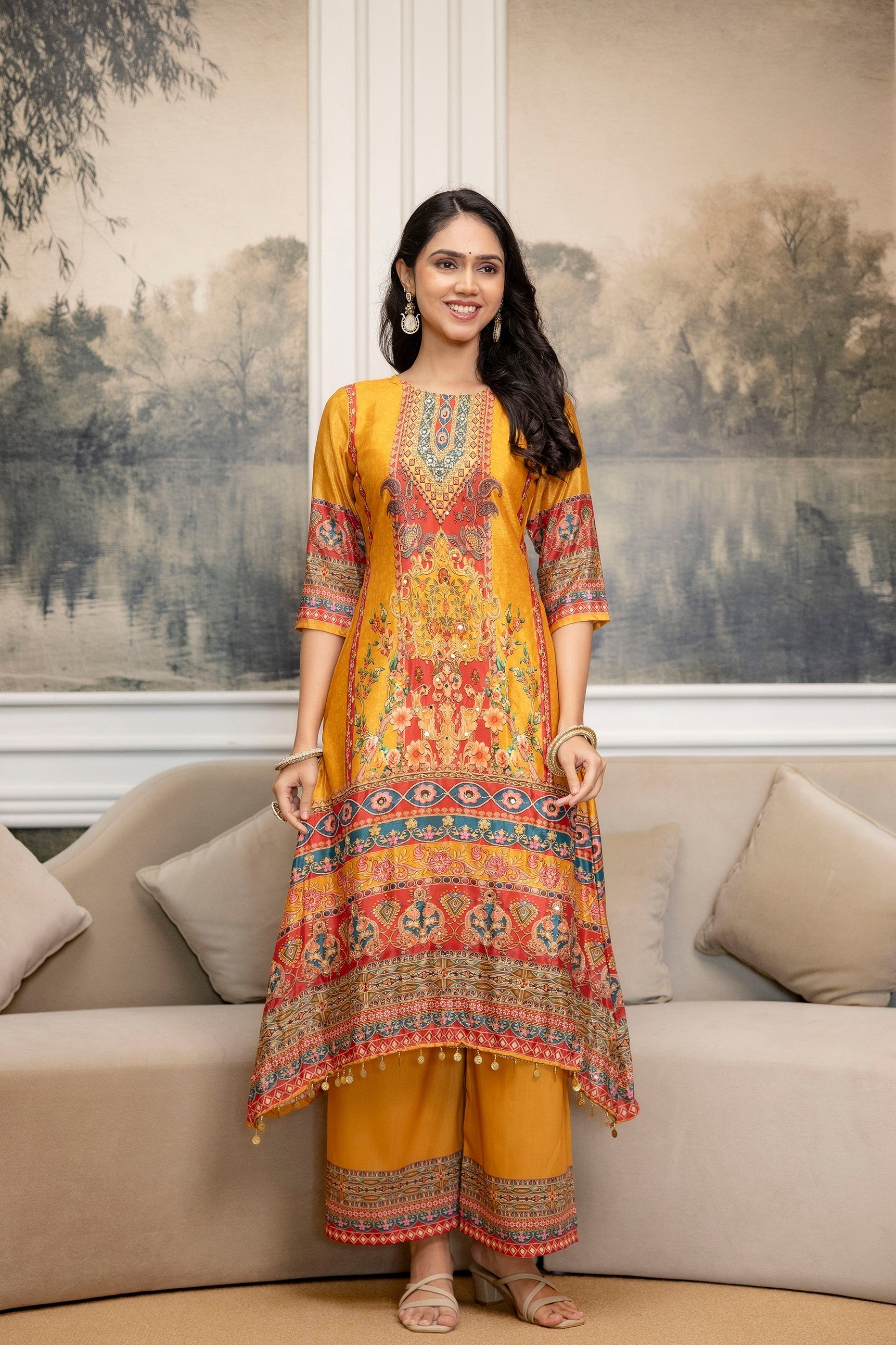 Embroidered & Printed Kurta With Palazzo & Printed Dupatta, Mustard - Hiral Fashion