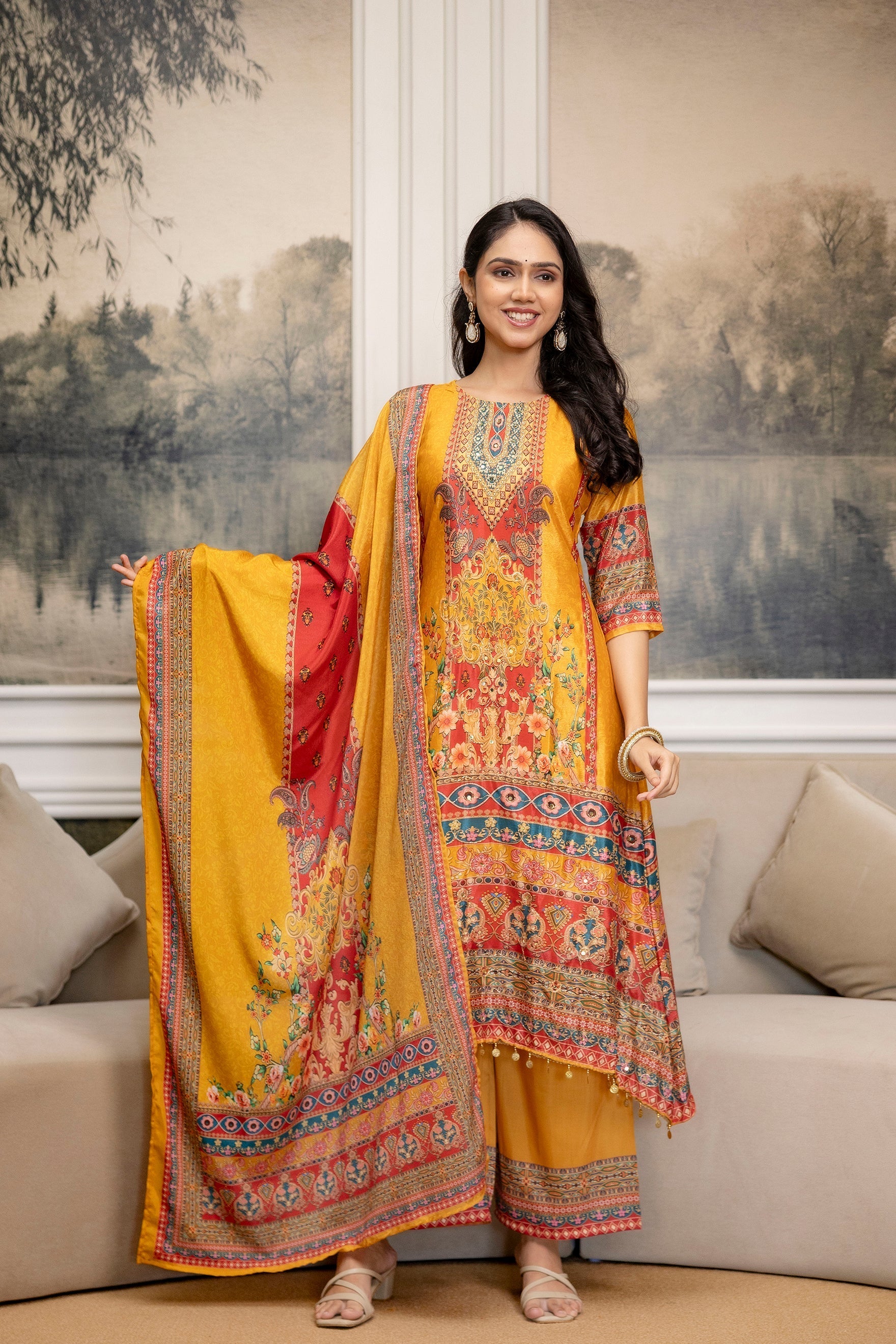 Embroidered & Printed Kurta With Palazzo & Printed Dupatta, Mustard - Hiral Fashion
