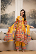 Embroidered & Printed Kurta With Palazzo & Printed Dupatta, Mustard - Hiral Fashion