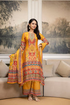 Embroidered & Printed Kurta With Palazzo & Printed Dupatta, Mustard - Hiral Fashion