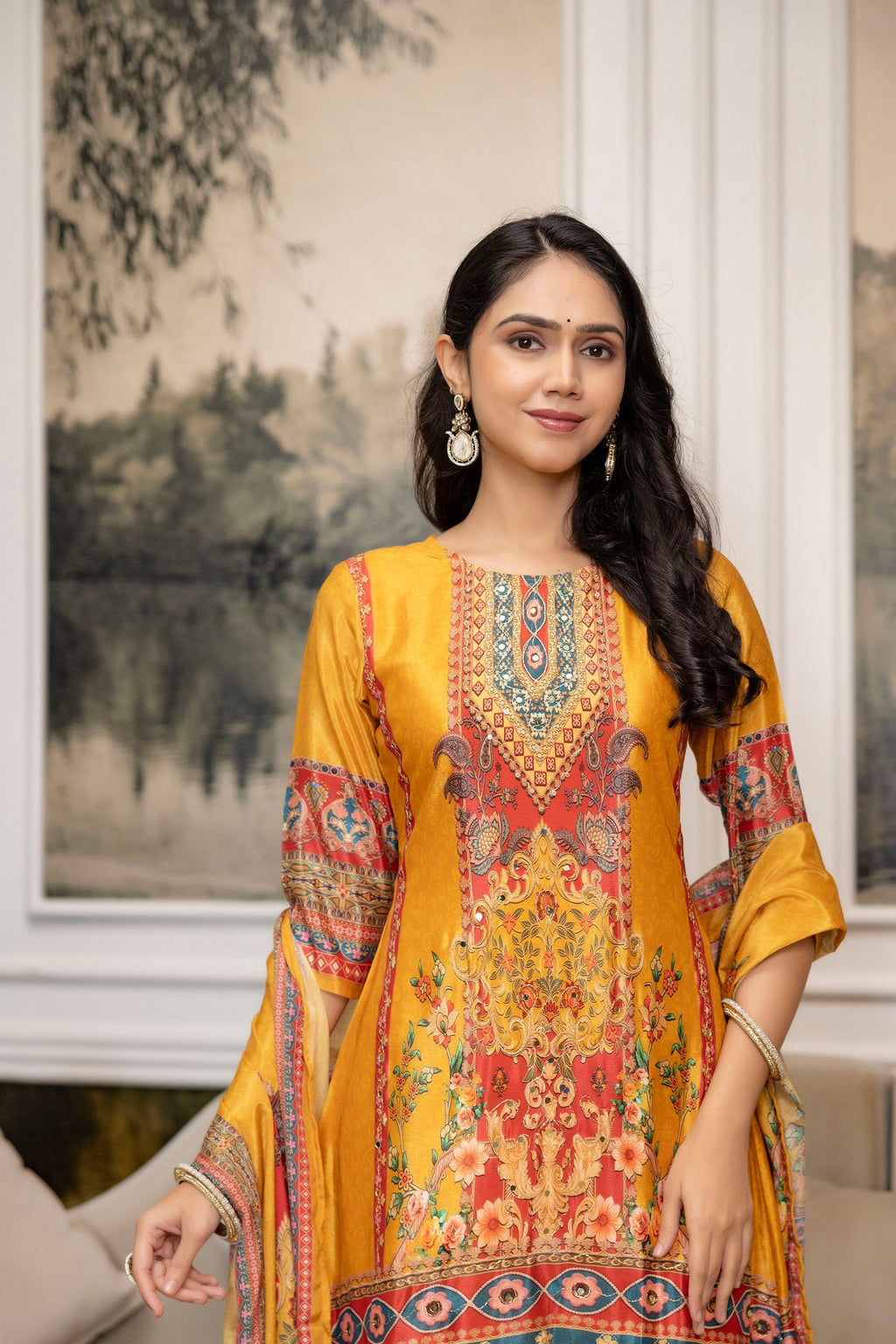 Embroidered & Printed Kurta With Palazzo & Printed Dupatta, Mustard - Hiral Fashion