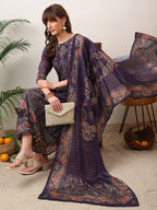 Embroidered & Printed Kurta With Palazzo & Printed Dupatta, Purple - Hiral Fashion