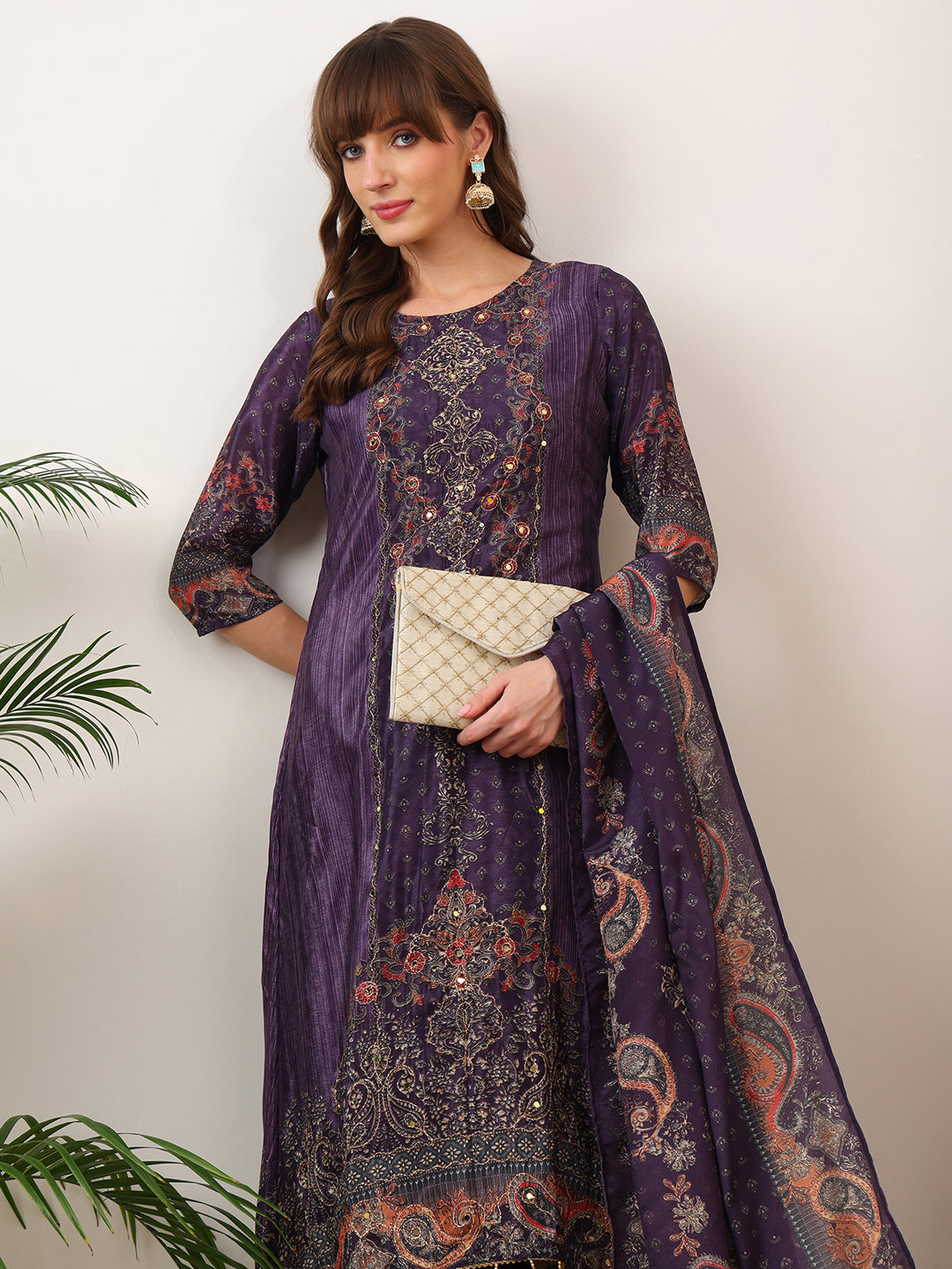 Embroidered & Printed Kurta With Palazzo & Printed Dupatta, Purple - Hiral Fashion
