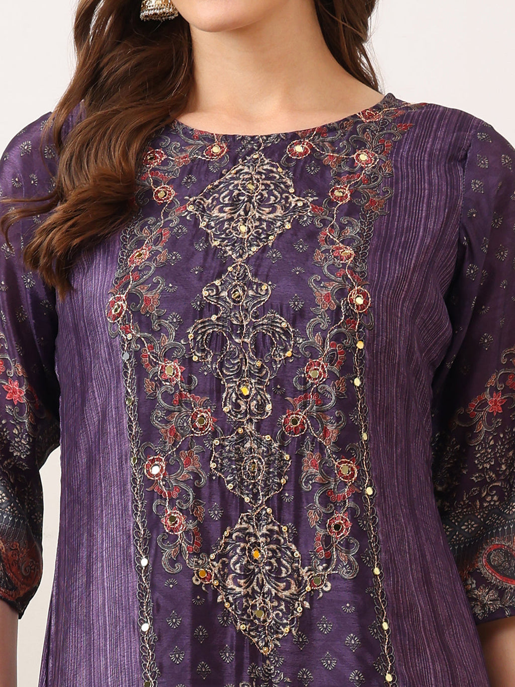 Embroidered & Printed Kurta With Palazzo & Printed Dupatta, Purple - Hiral Fashion