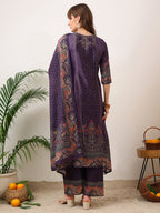 Embroidered & Printed Kurta With Palazzo & Printed Dupatta, Purple - Hiral Fashion