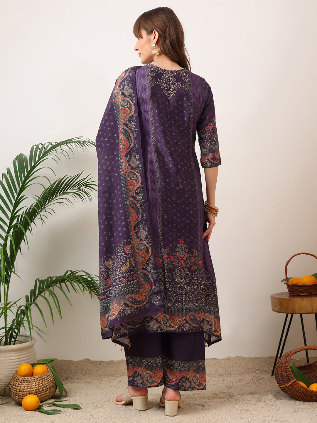Embroidered & Printed Kurta With Palazzo & Printed Dupatta, Purple - Hiral Fashion