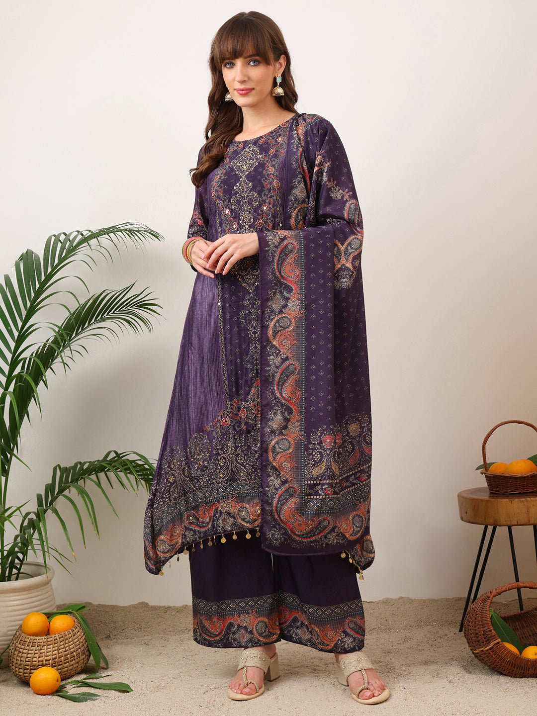 Embroidered & Printed Kurta With Palazzo & Printed Dupatta, Purple - Hiral Fashion