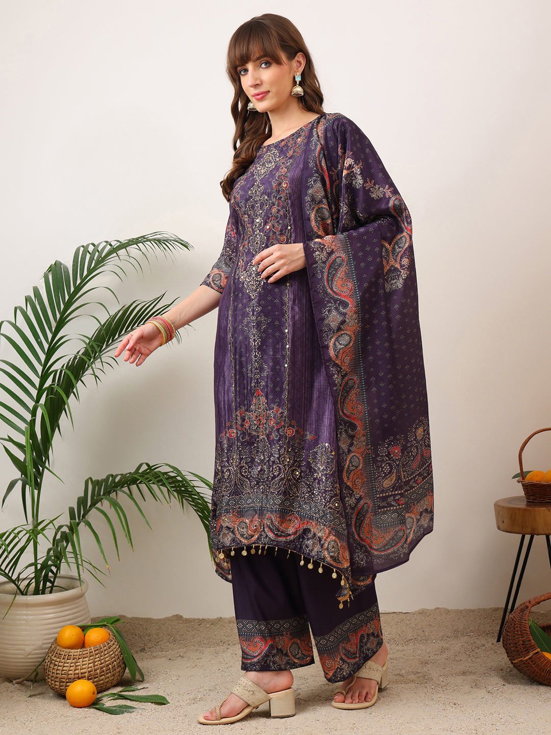 Embroidered & Printed Kurta With Palazzo & Printed Dupatta, Purple - Hiral Fashion