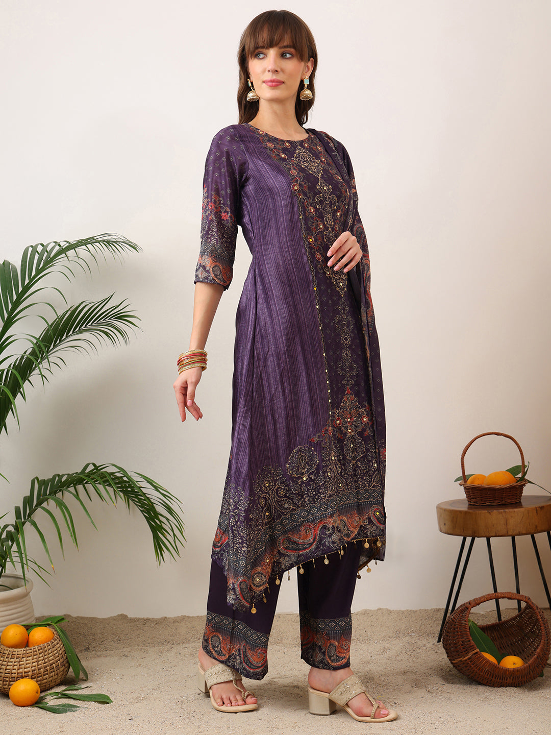 Embroidered & Printed Kurta With Palazzo & Printed Dupatta, Purple - Hiral Fashion