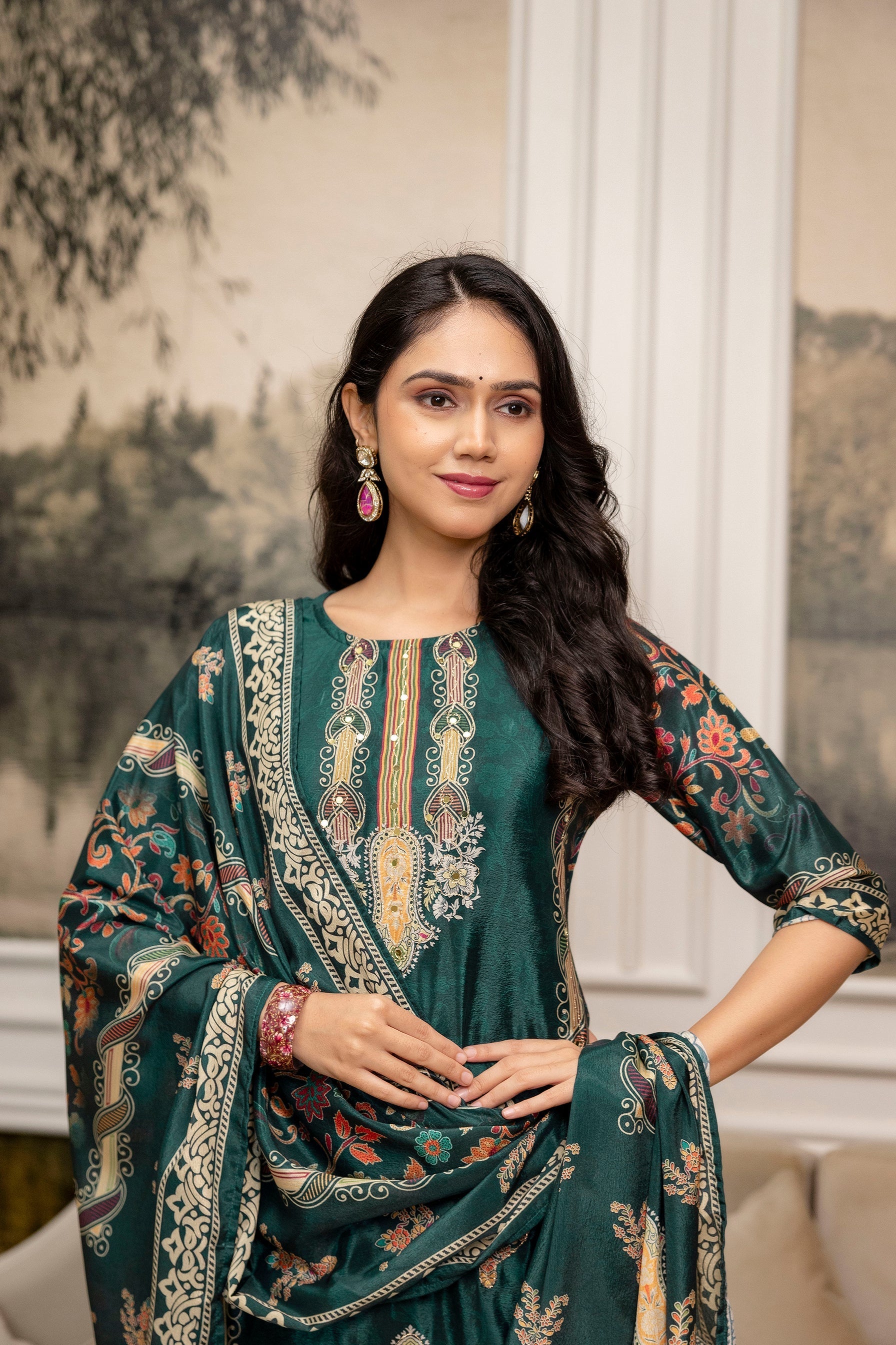 Embroidered & Printed Kurta With Palazzo & Printed Dupatta, Teal - Hiral Fashion