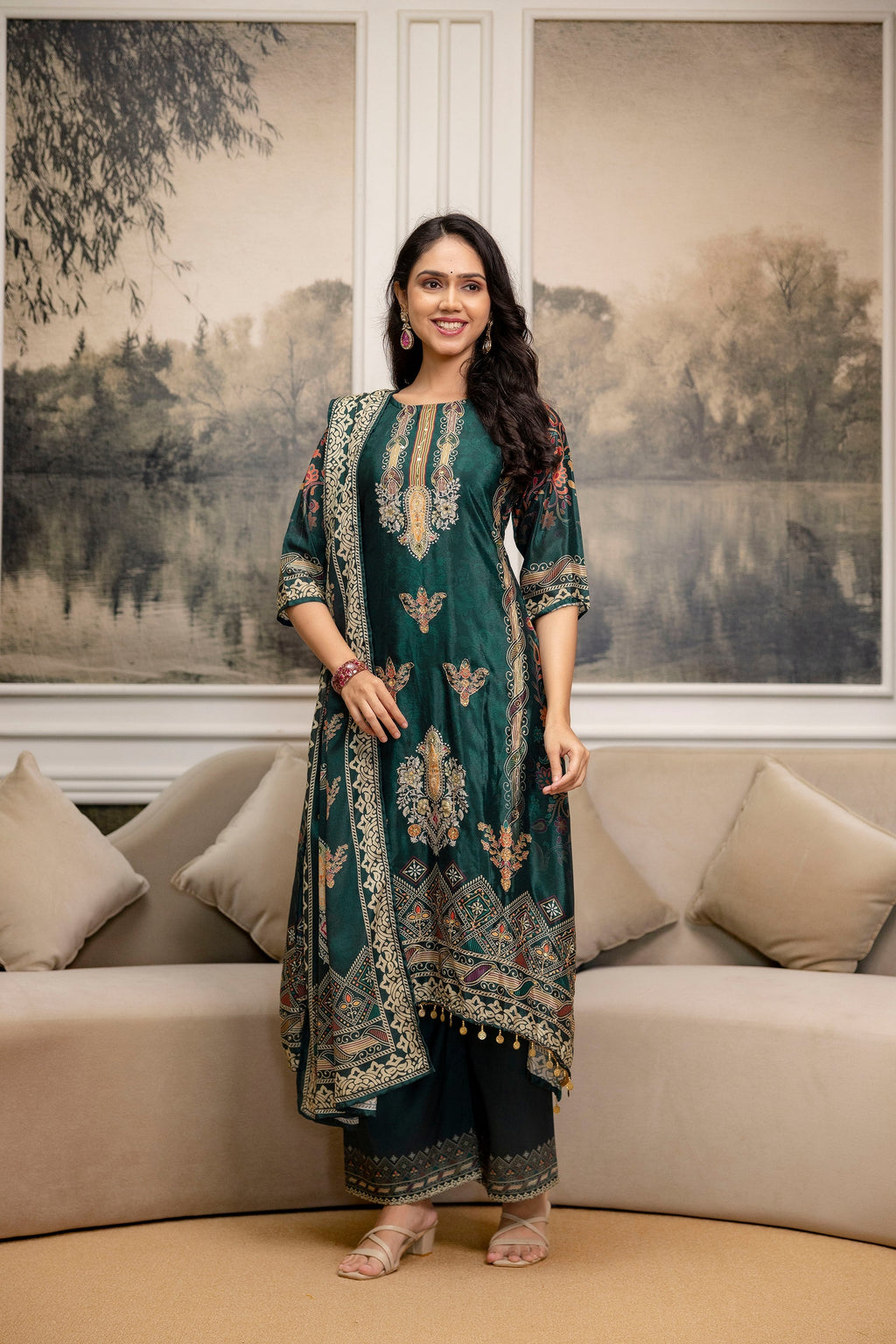 Embroidered & Printed Kurta With Palazzo & Printed Dupatta, Teal - Hiral Fashion