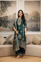 Embroidered & Printed Kurta With Palazzo & Printed Dupatta, Teal - Hiral Fashion