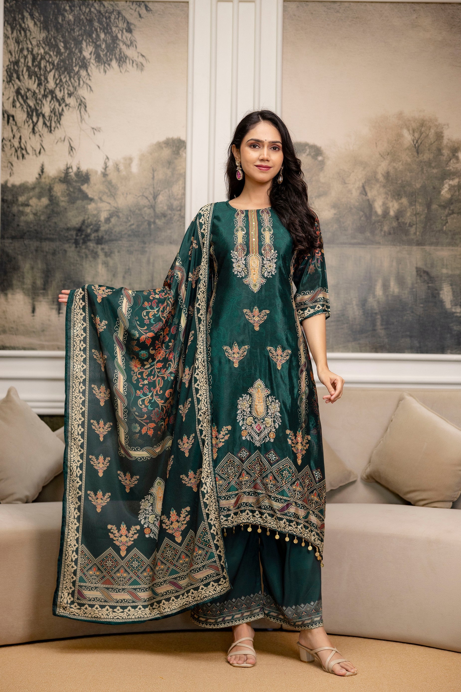 Embroidered & Printed Kurta With Palazzo & Printed Dupatta, Teal - Hiral Fashion