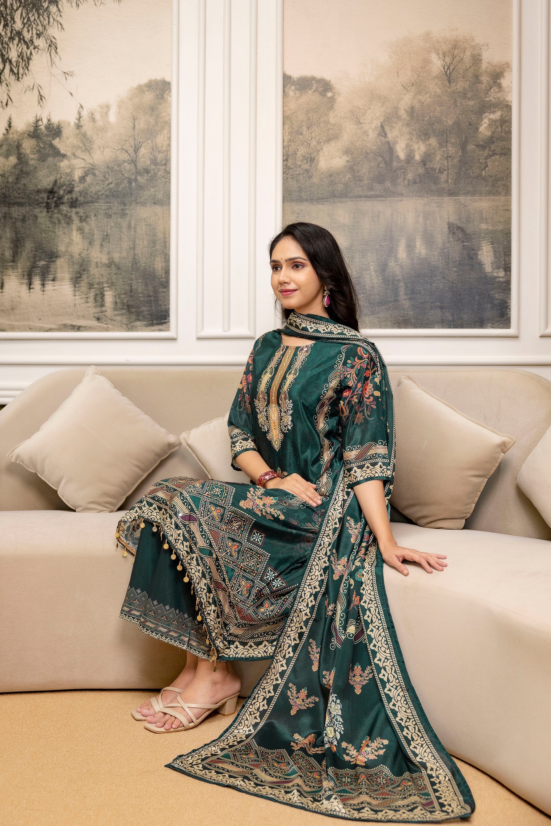 Embroidered & Printed Kurta With Palazzo & Printed Dupatta, Teal - Hiral Fashion