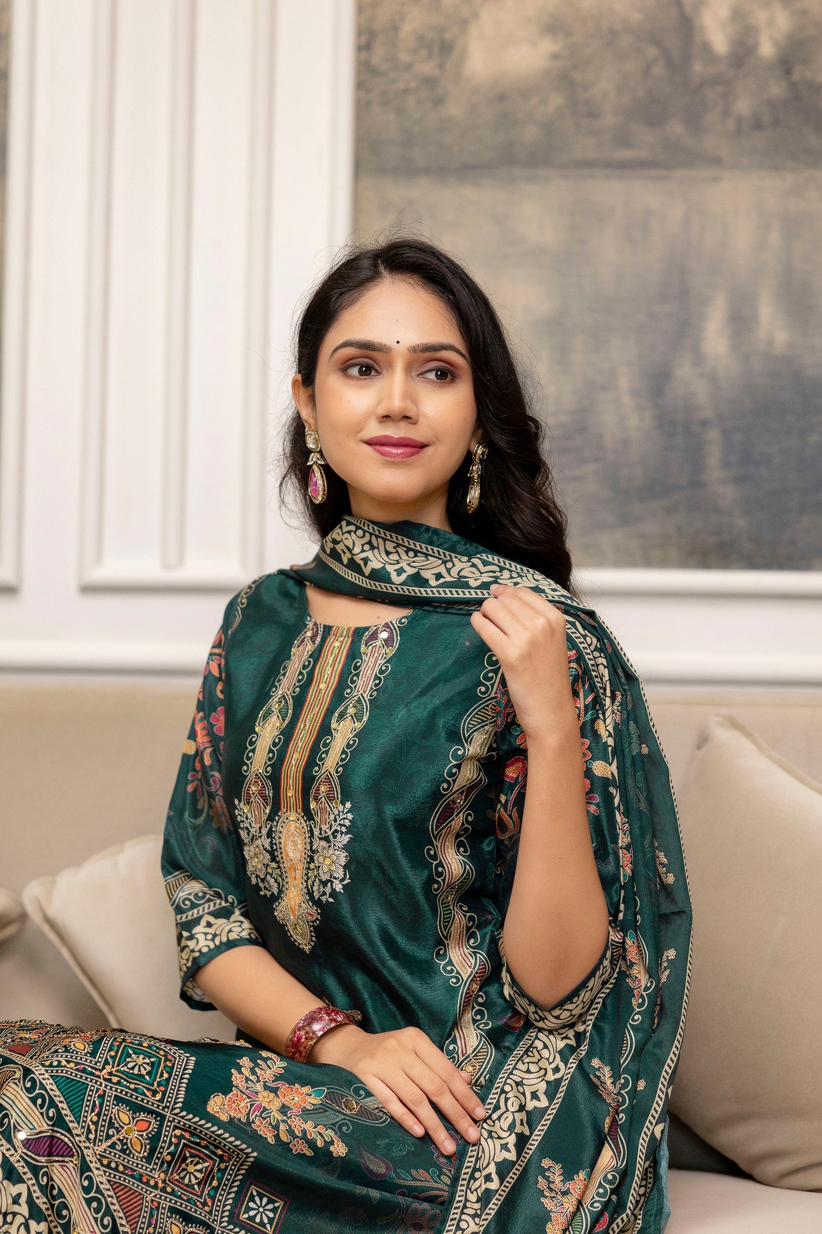 Embroidered & Printed Kurta With Palazzo & Printed Dupatta, Teal - Hiral Fashion