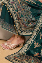 Embroidered & Printed Kurta With Palazzo & Printed Dupatta, Teal - Hiral Fashion
