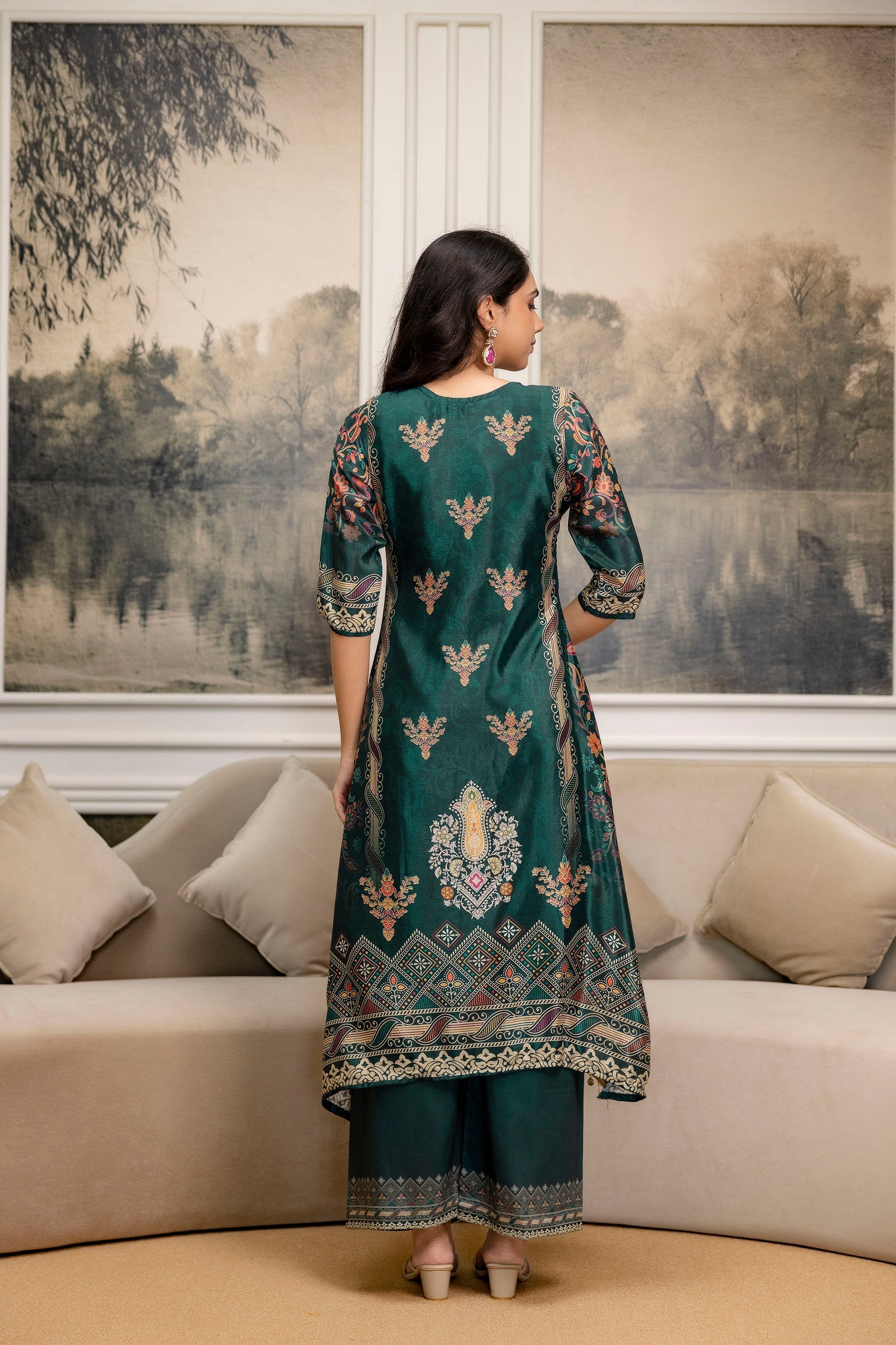 Embroidered & Printed Kurta With Palazzo & Printed Dupatta, Teal - Hiral Fashion