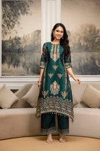 Embroidered & Printed Kurta With Palazzo & Printed Dupatta, Teal - Hiral Fashion