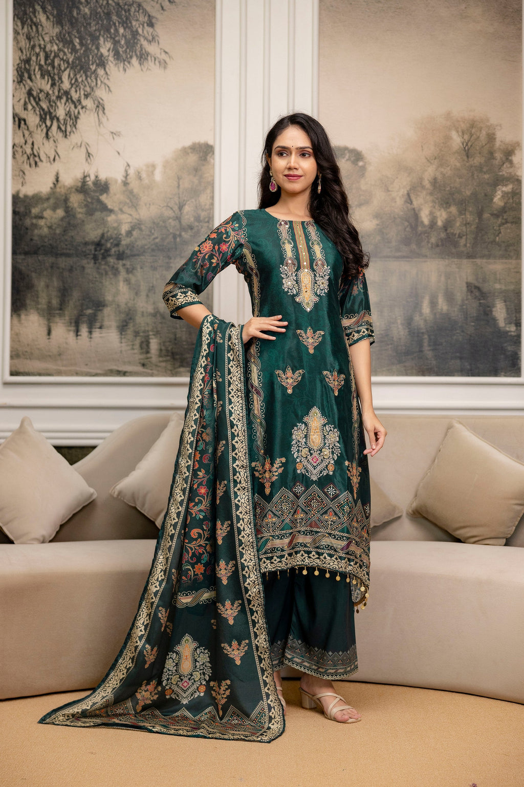 Embroidered & Printed Kurta With Palazzo & Printed Dupatta, Teal - Hiral Fashion