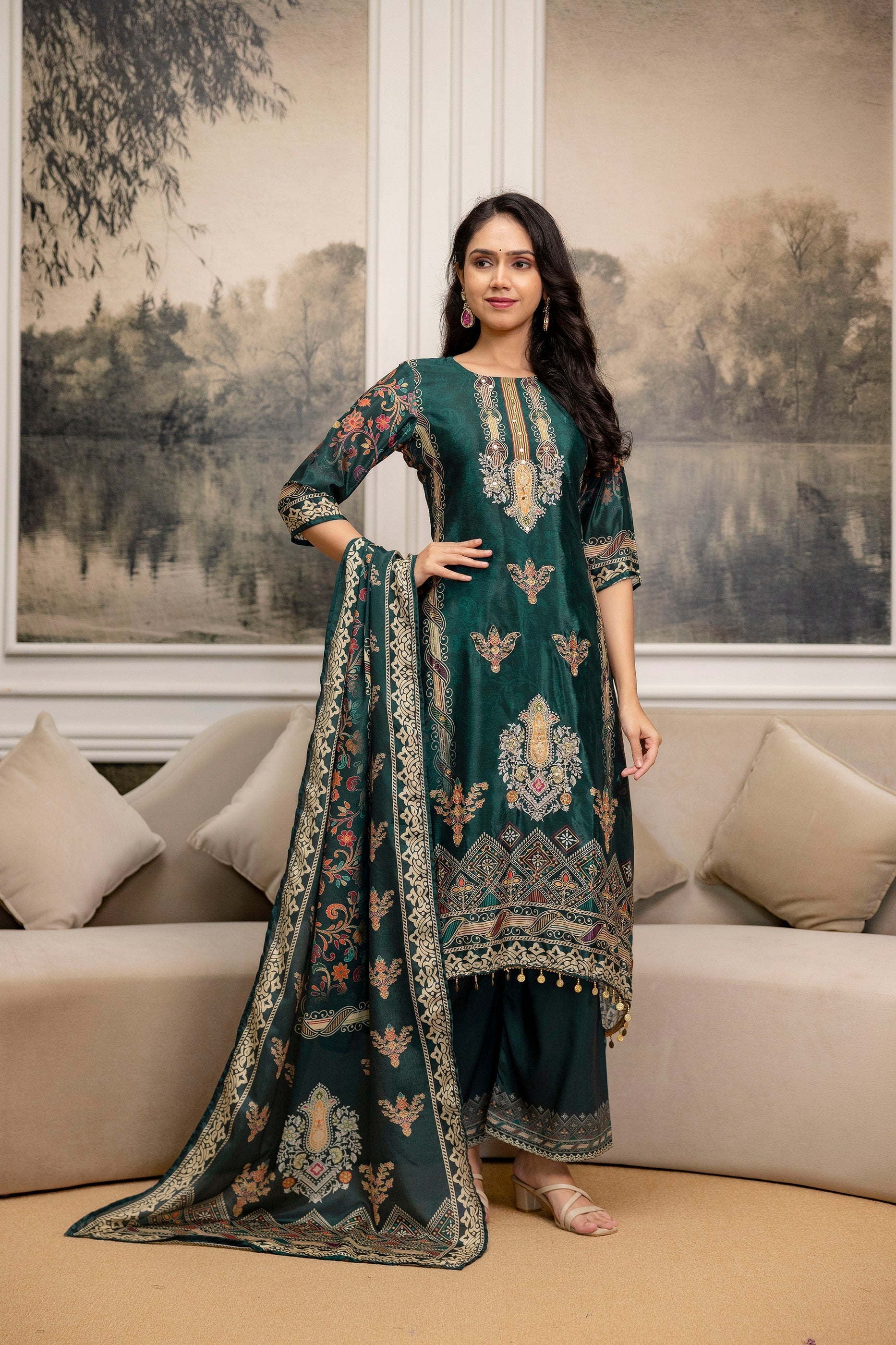 Embroidered & Printed Kurta With Palazzo & Printed Dupatta, Teal - Hiral Fashion
