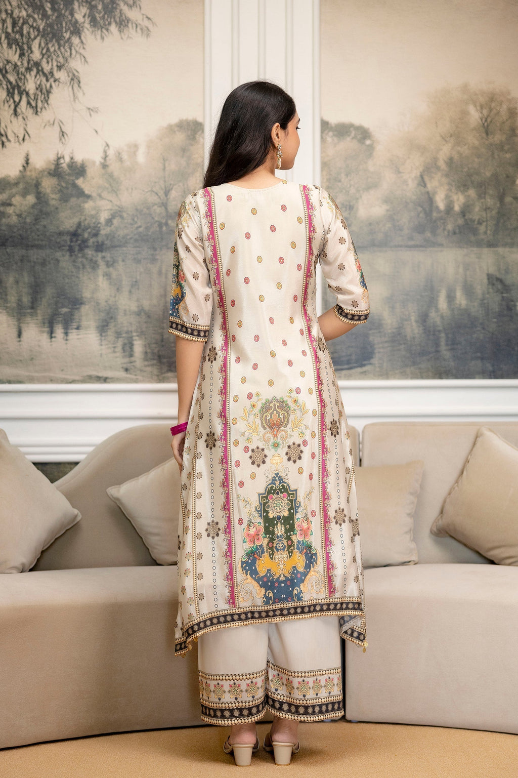 Embroidered & Printed Kurta With Palazzo & Printed Dupatta, White - Hiral Fashion