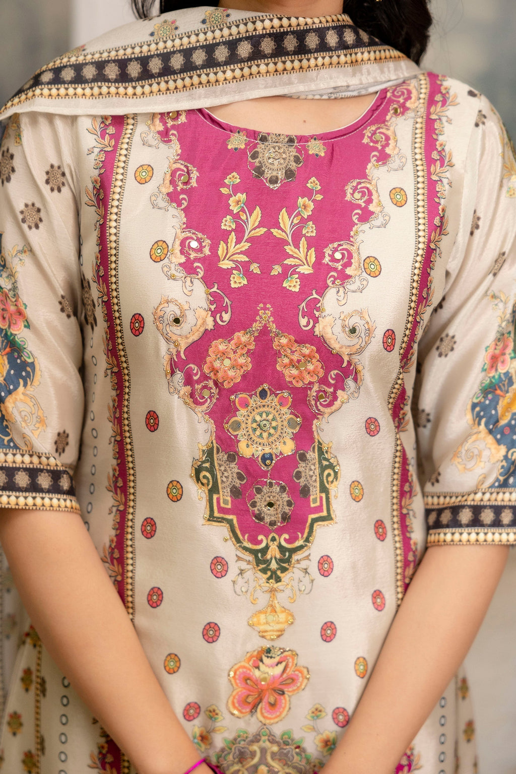 Embroidered & Printed Kurta With Palazzo & Printed Dupatta, White - Hiral Fashion