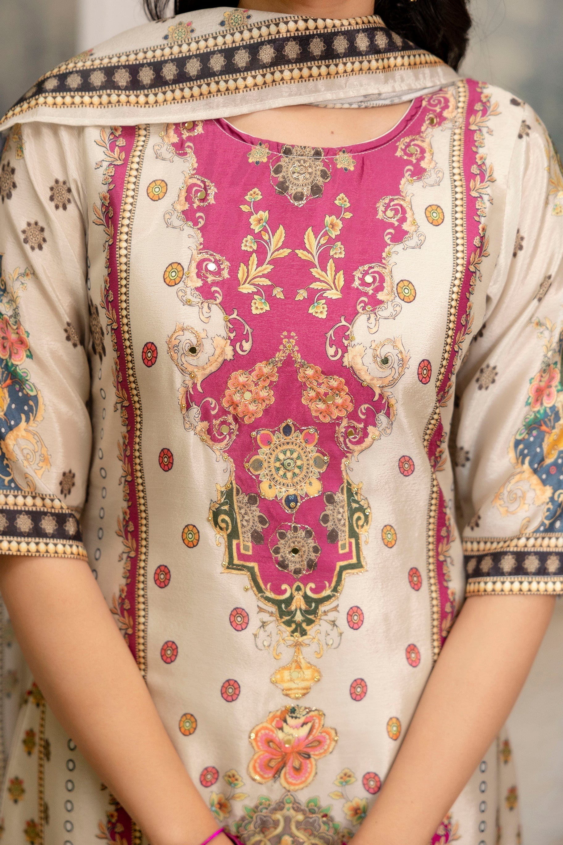 Embroidered & Printed Kurta With Palazzo & Printed Dupatta, White - Hiral Fashion