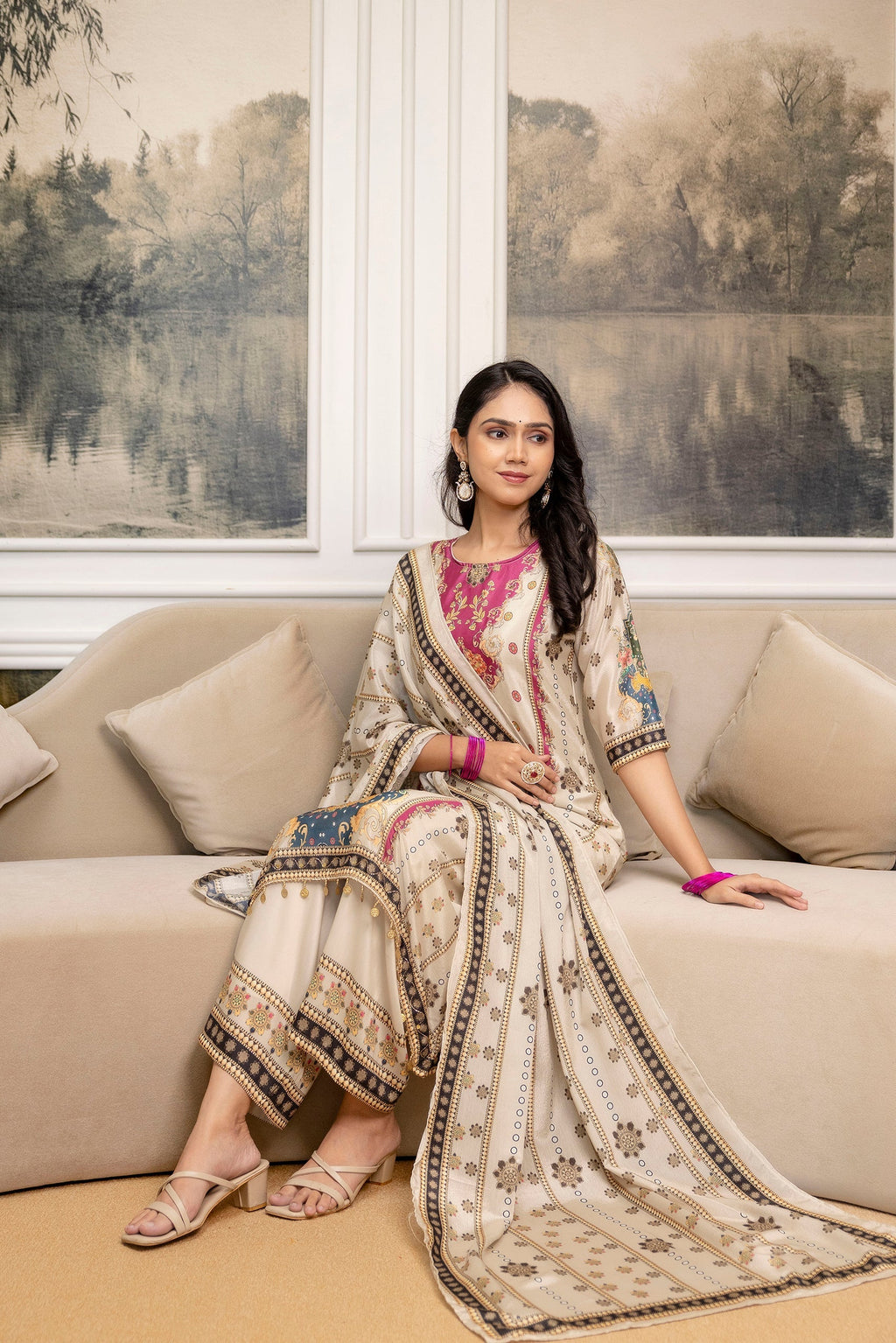 Embroidered & Printed Kurta With Palazzo & Printed Dupatta, White - Hiral Fashion