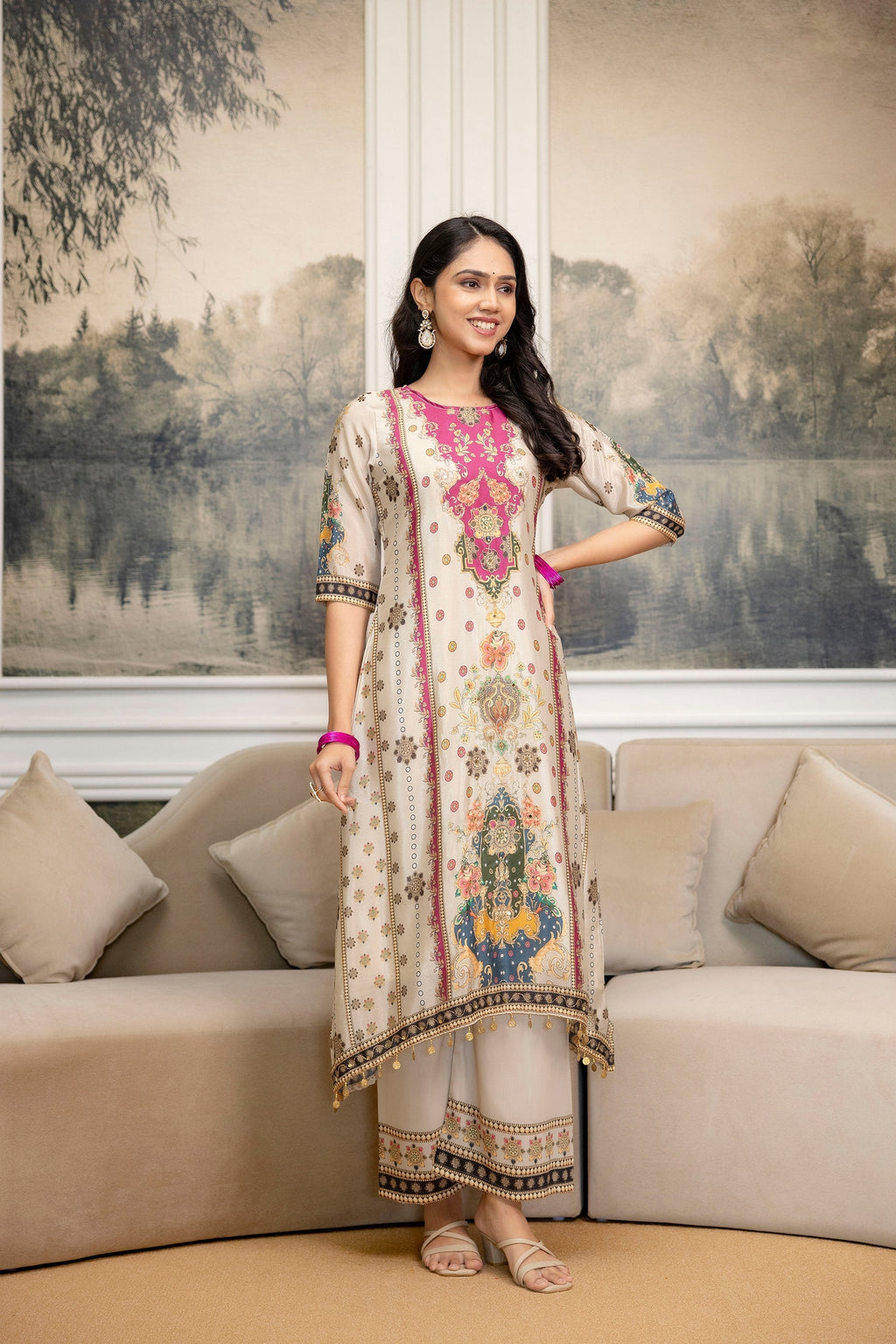 Embroidered & Printed Kurta With Palazzo & Printed Dupatta, White - Hiral Fashion