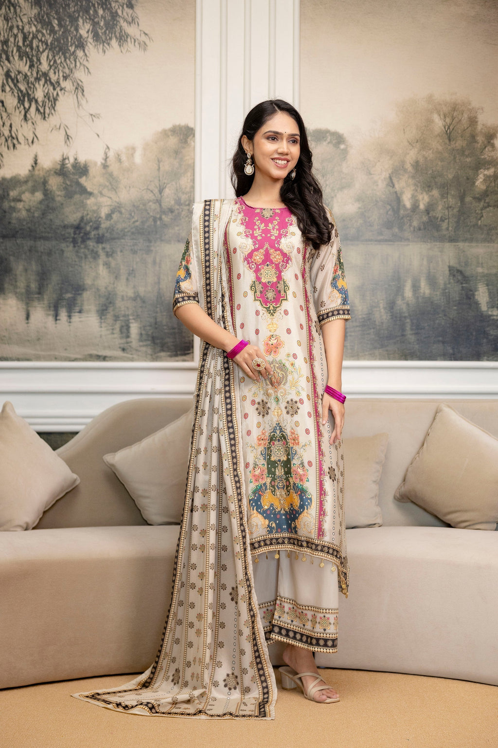 Embroidered & Printed Kurta With Palazzo & Printed Dupatta, White - Hiral Fashion
