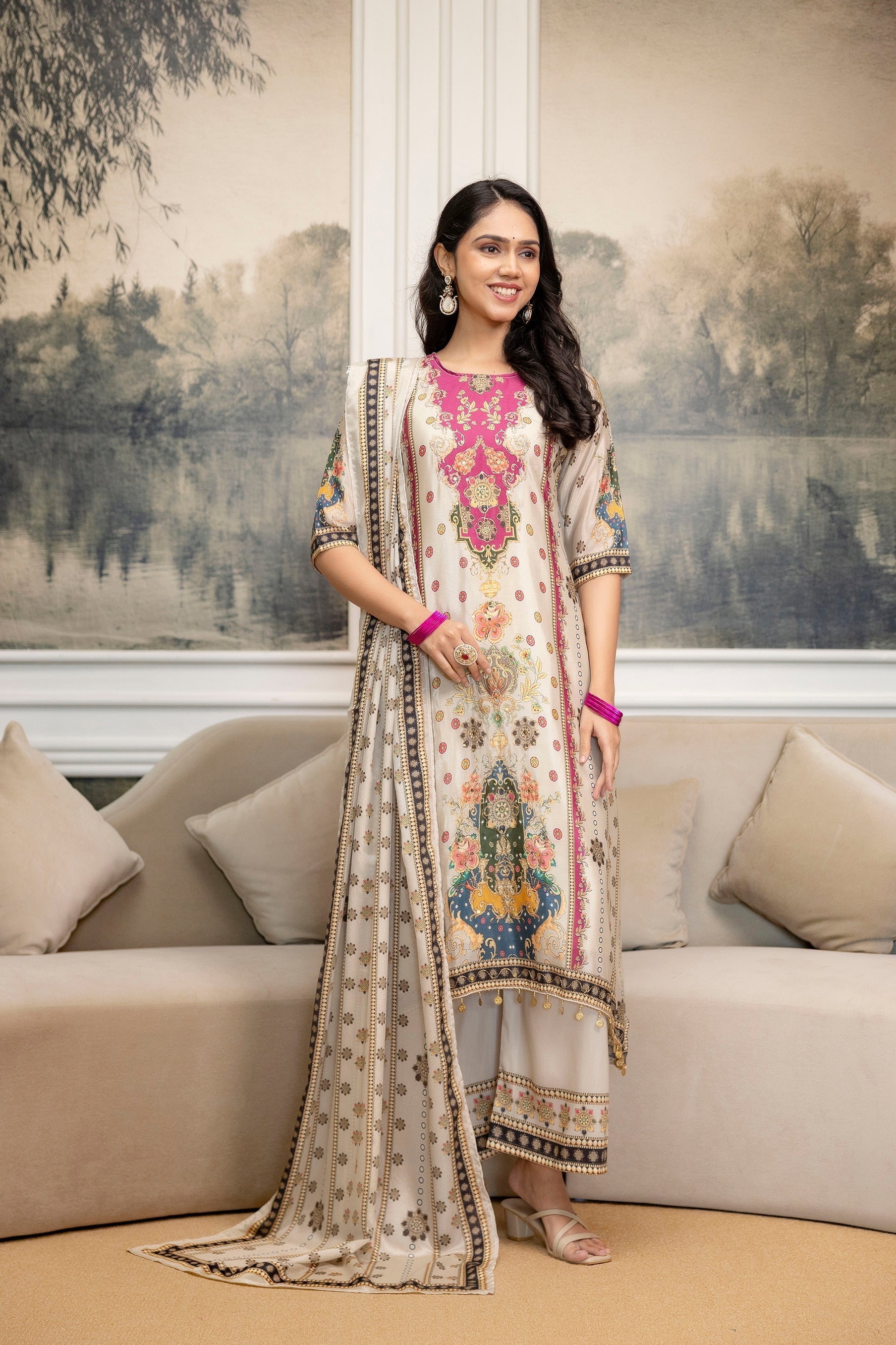 Embroidered & Printed Kurta With Palazzo & Printed Dupatta, White - Hiral Fashion