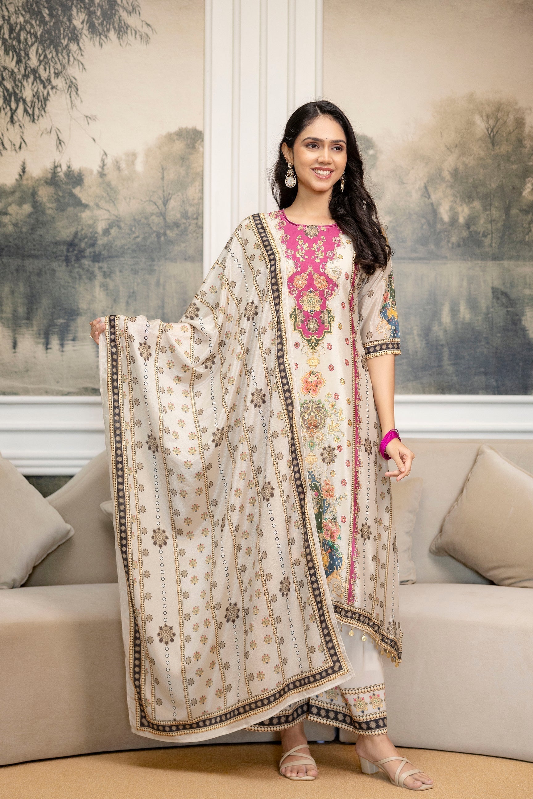 Embroidered & Printed Kurta With Palazzo & Printed Dupatta, White - Hiral Fashion