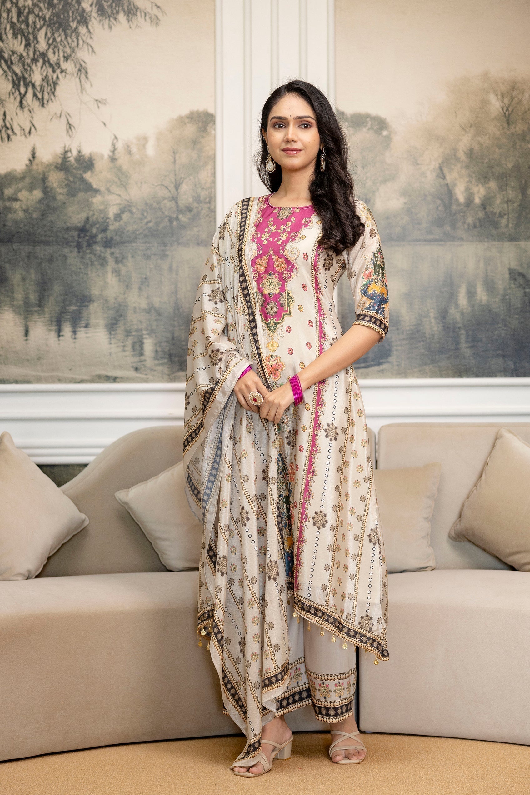 Embroidered & Printed Kurta With Palazzo & Printed Dupatta, White - Hiral Fashion