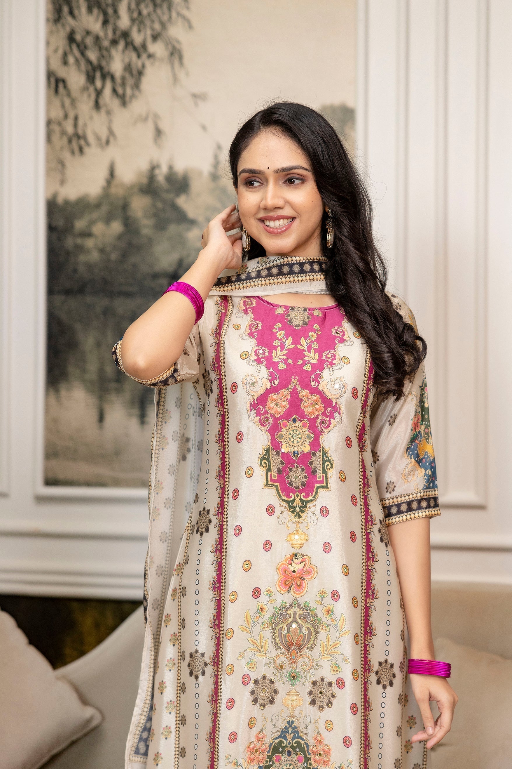 Embroidered & Printed Kurta With Palazzo & Printed Dupatta, White - Hiral Fashion