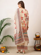 Embroidered & Printed Asymmetric Kurta With Palazzo & Printed Dupatta, Cream - Hiral Fashion