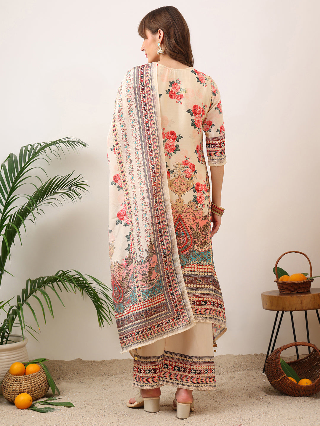 Embroidered & Printed Asymmetric Kurta With Palazzo & Printed Dupatta, Cream - Hiral Fashion