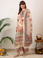 Embroidered & Printed Asymmetric Kurta With Palazzo & Printed Dupatta, Cream - Hiral Fashion