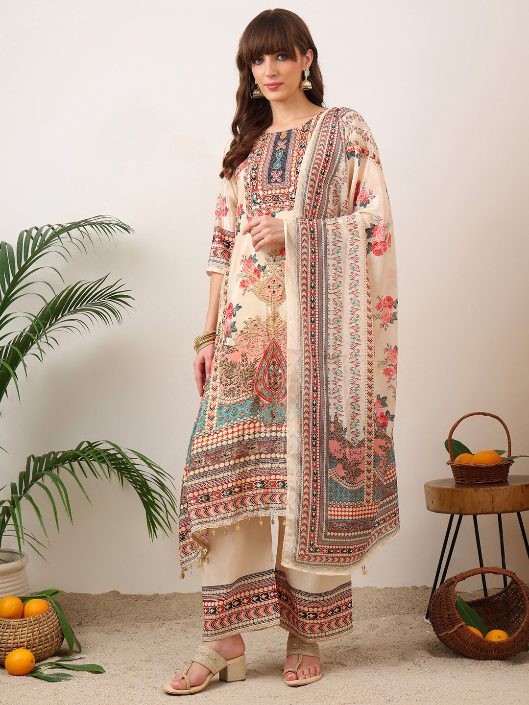 Embroidered & Printed Asymmetric Kurta With Palazzo & Printed Dupatta, Cream - Hiral Fashion