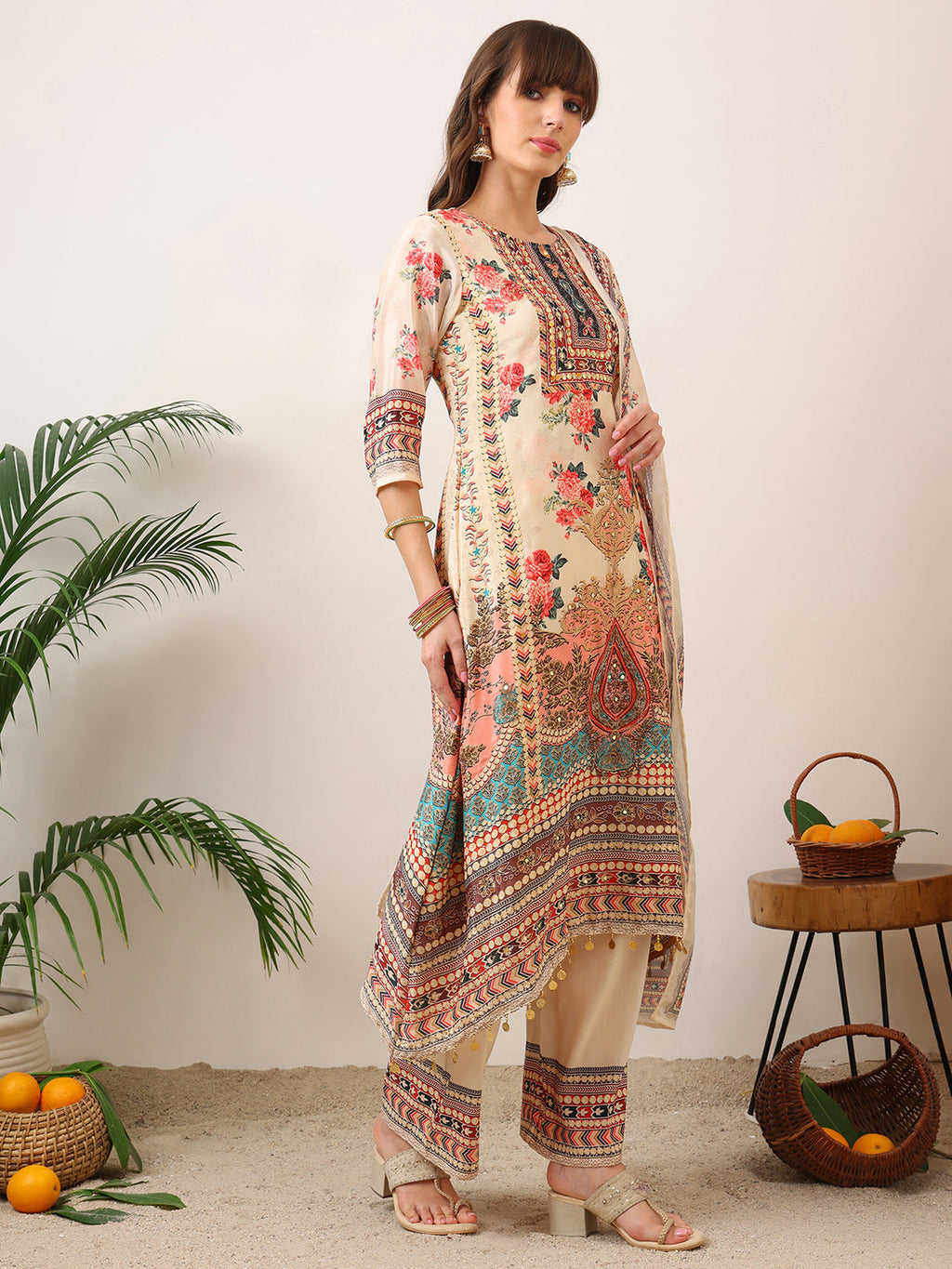 Embroidered & Printed Asymmetric Kurta With Palazzo & Printed Dupatta, Cream - Hiral Fashion
