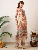 Embroidered & Printed Asymmetric Kurta With Palazzo & Printed Dupatta, Cream - Hiral Fashion