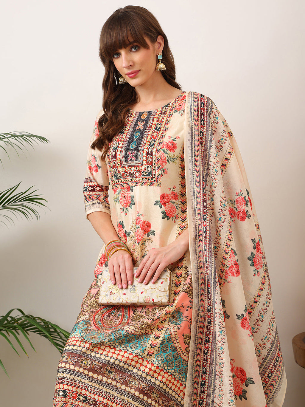 Embroidered & Printed Asymmetric Kurta With Palazzo & Printed Dupatta, Cream - Hiral Fashion
