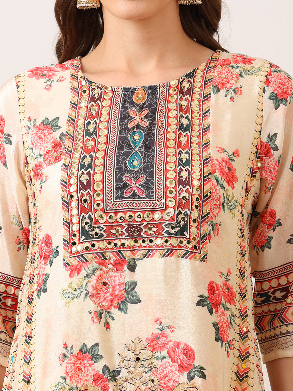 Embroidered & Printed Asymmetric Kurta With Palazzo & Printed Dupatta, Cream - Hiral Fashion