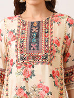 Embroidered & Printed Asymmetric Kurta With Palazzo & Printed Dupatta, Cream - Hiral Fashion