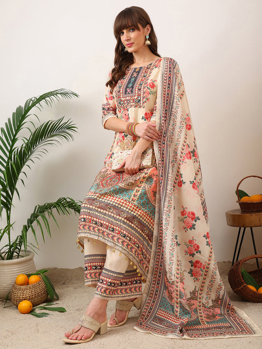 Embroidered & Printed Asymmetric Kurta With Palazzo & Printed Dupatta, Cream - Hiral Fashion